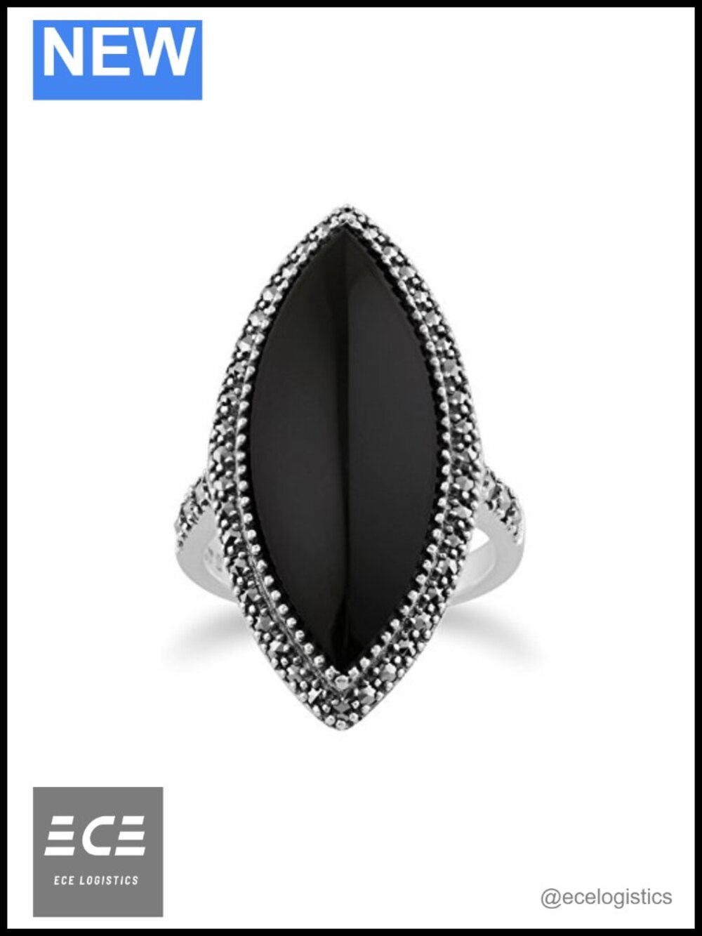 Art Deco Statement Ring 925 Sterling Silver 12.5ct Black Onyx Marcasite Size 5